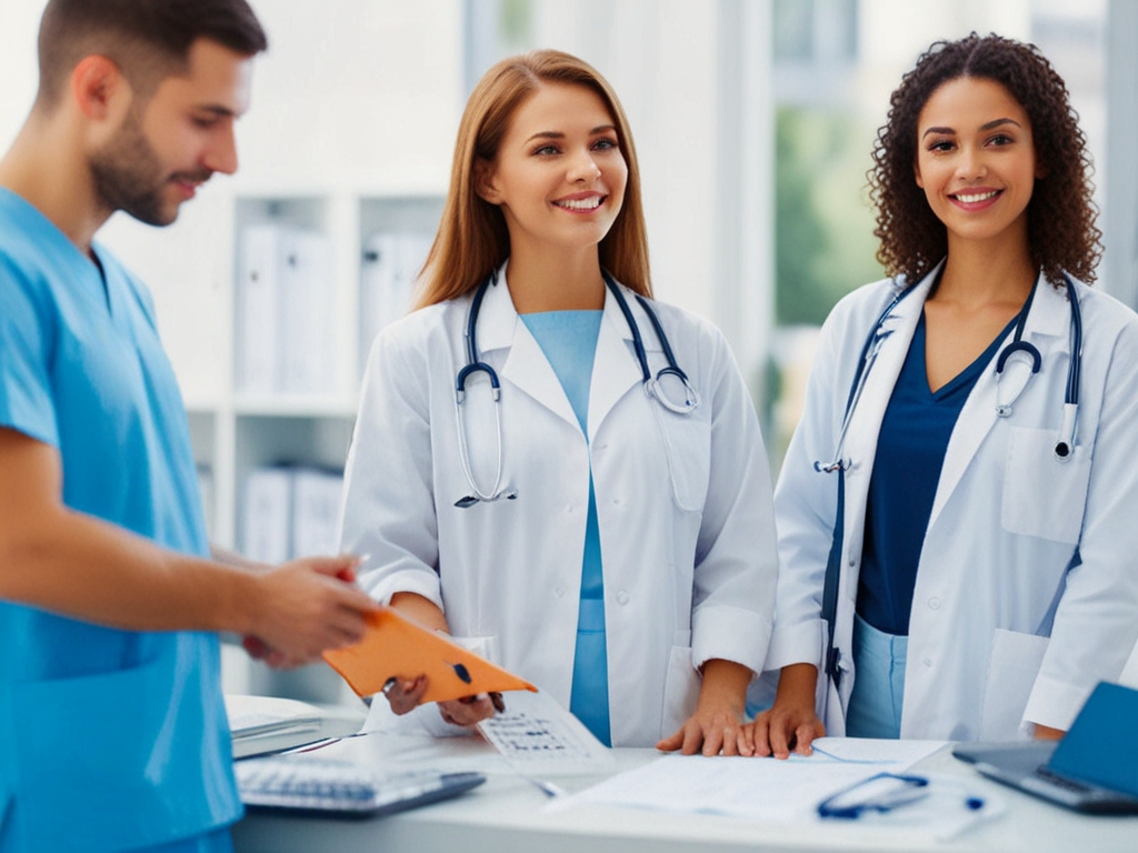 A TrueGigs Staffing Agency consultant in the USA engaging with hospital administrators, reviewing candidate profiles and discussing tailored staffing solutions. The image highlights a professional collaboration aimed at meeting healthcare staffing needs.